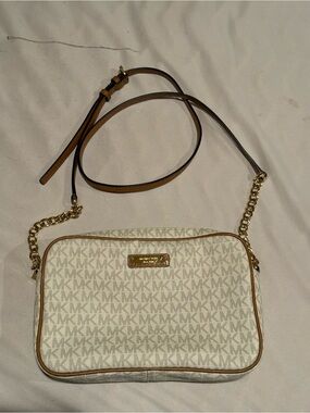 Michael Kors Cream MK Logo Crossbody with Tan Trim and Gold Chain